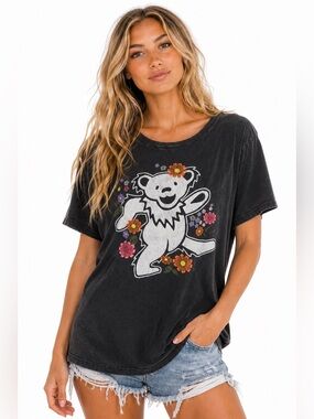 Grateful Dead Lucky Brand Dancing Bear Graphic Tee XL Black Acid Wash Floral